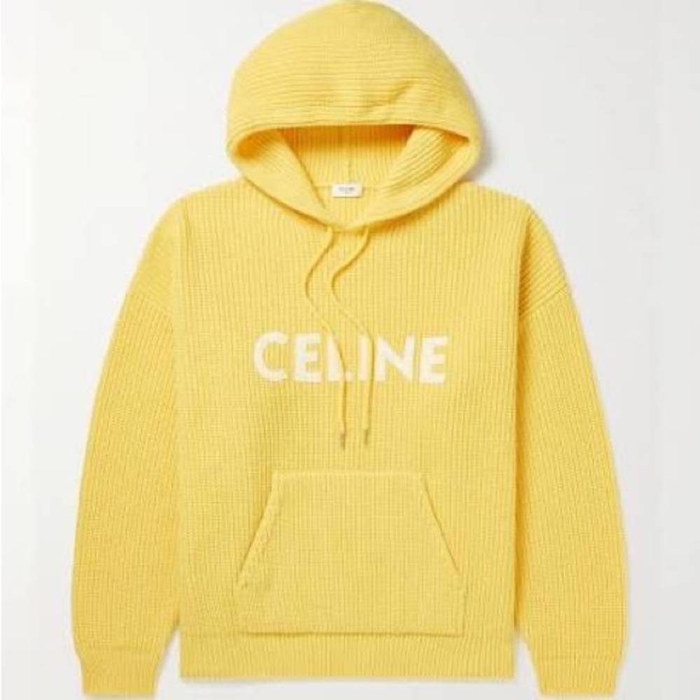 Authentic Celine Logo-Appliquéd Ribbed Wool Hoodie